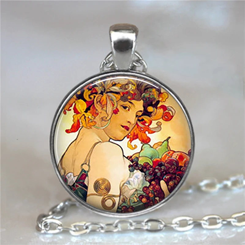 Женский винтажный кулон Alphonse Mucha стеклянный кабошон ручной работы массивное