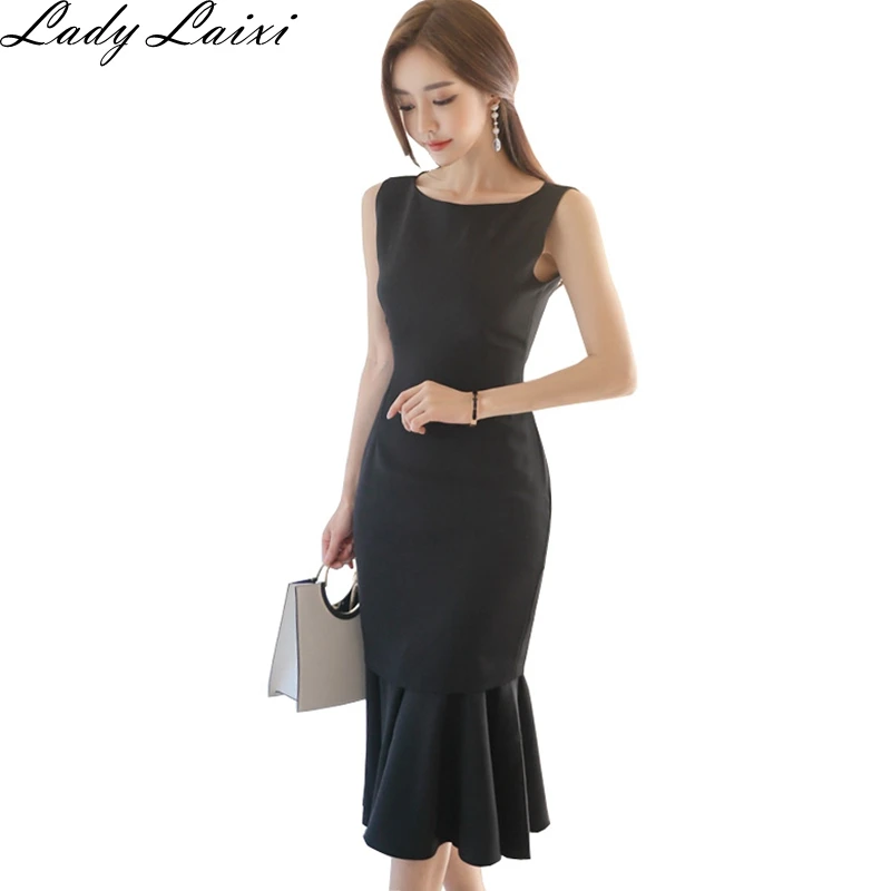 Женское облегающее платье Русалка элегантное черное до середины икры в