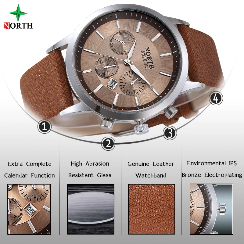Мужские часы NORTH роскошные брендовые военные мужские кварцевые аналоговые