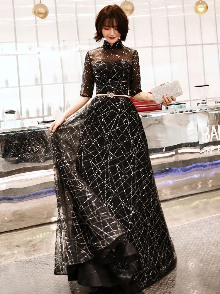 Beauty Emily Elegant Evening Dresses Black Sequined A Line Sexy Illusion Stain Heavy Beaded Formal Dress with Sashes | Свадьбы и