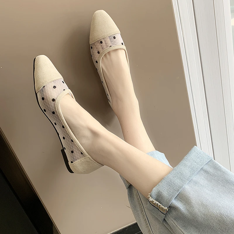 Балетки женские в горошек дышащие сетчатые лоферы повседневная обувь с надписью