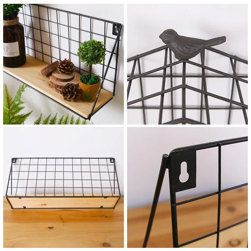 Vintage Iron Storage Shelf Wall Hanging Ornaments Sundries Holder Decoration Creative Wooden Rack Housekeeper Gifts | Дом и сад