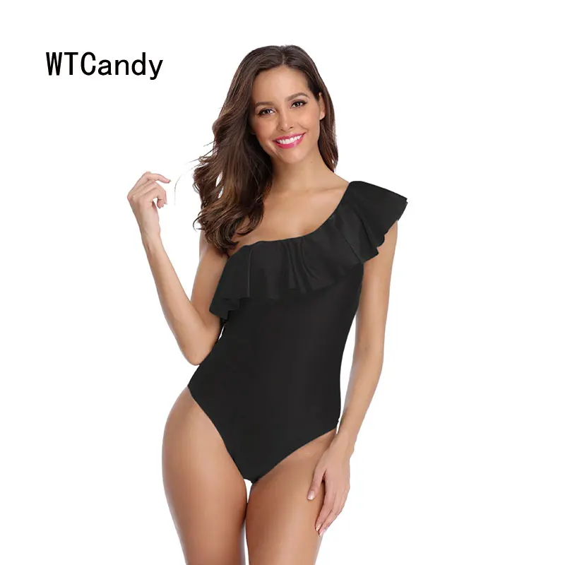 WTCandy сексуальный цельный купальник с одним плечом женский оборками однотонный
