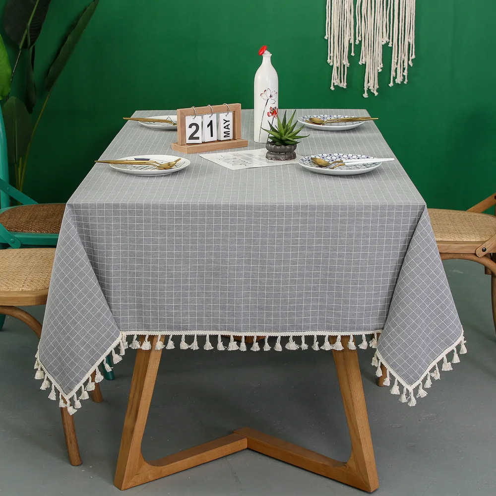 European Hot Gray Small Plaid Tablecloth Country Style Polyester Cotton Tassel Dinner Table Cloth Mat Cover | Дом и сад