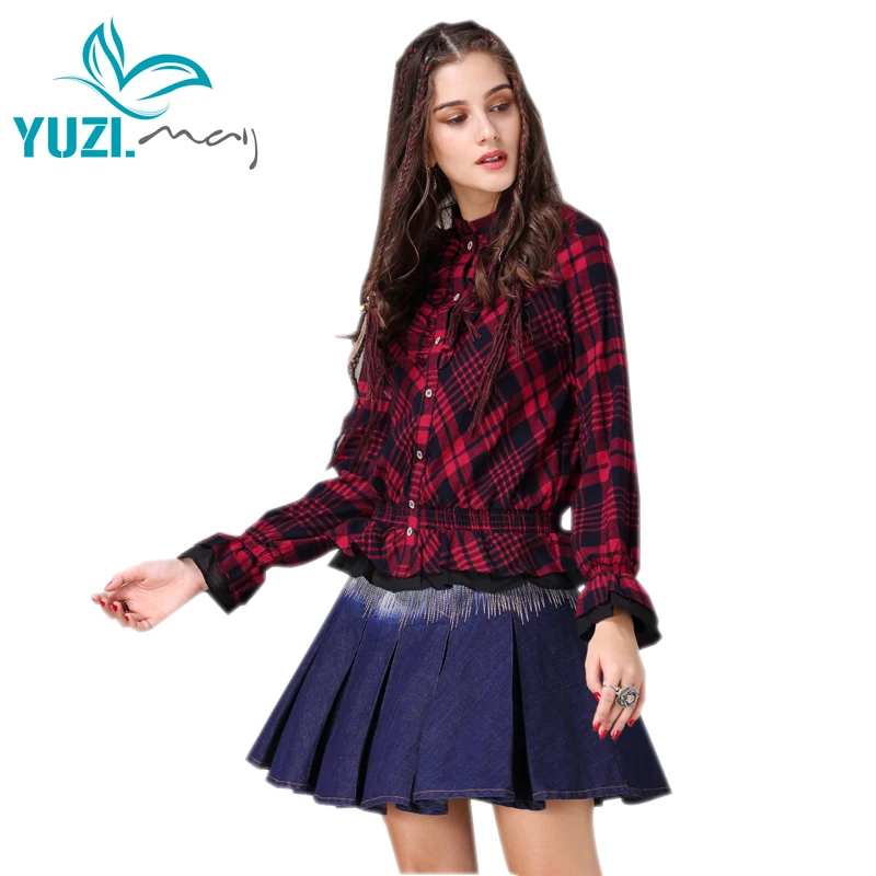 Women's Blouse 2018 Yuzi.may Boho New Cotton Blusas Stand Collar Single Breasted Ruffles Hem Patchwork Women Shirt B9250