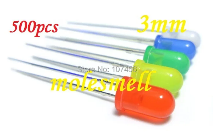 

500PCS 5 value 3mm diffused red,yellow,blue,green,white R,G,B,W,Y,LED mixed colors led 100pcs each color