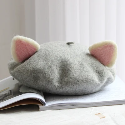 Shallow hemp grey Ручной шерстяного фетра с кошачьими ушками береты express; meow родитель-ребенок почки шляпа - Цвет: Shallow hemp grey