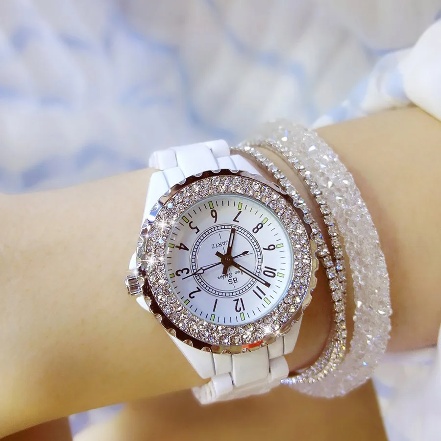 Часы женские кварцевые с керамическим ремешком белые со стразами | Наручные часы