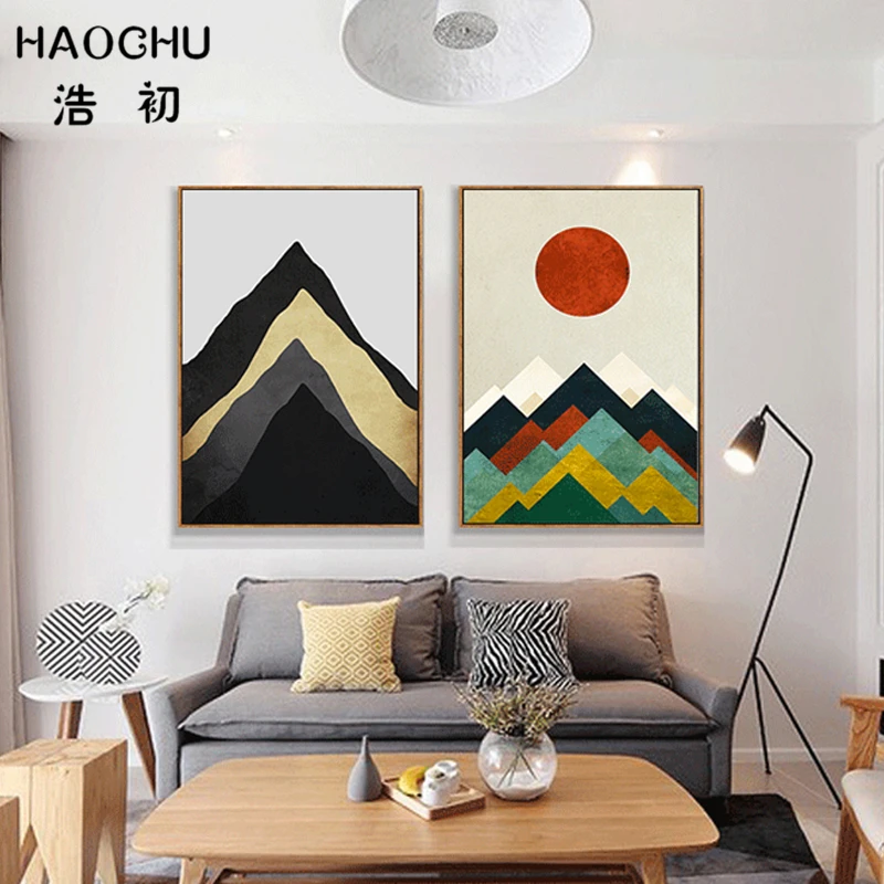 HAOCHU Triptych Modern Minimalist Landscape Abstract Mountain Sunset Decorative Canvas Painting Nordic Wall Picture for Home | Дом и сад