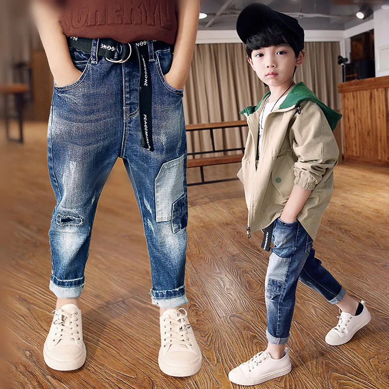 

Cowboy Baby Boys Jeans Boys Ripped Patches Jeans Fashion Kids Denim PP Pants Legs 5 8 14 16 years Children Leisure Pants