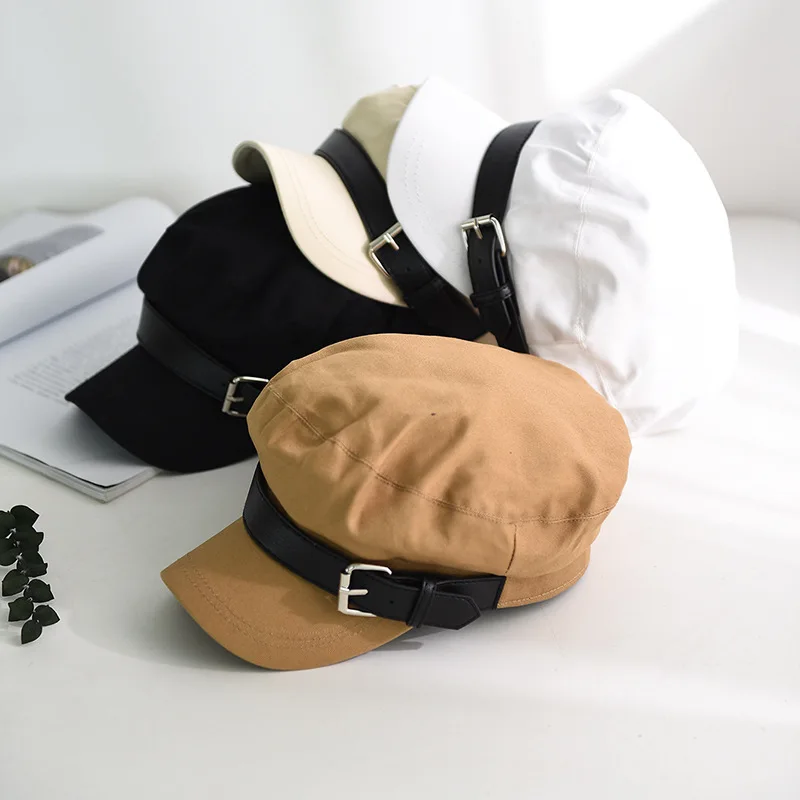 USPOP 2019 New women newsboy caps belt decoration cap flat top cotton visor female warm autumn winter hat |