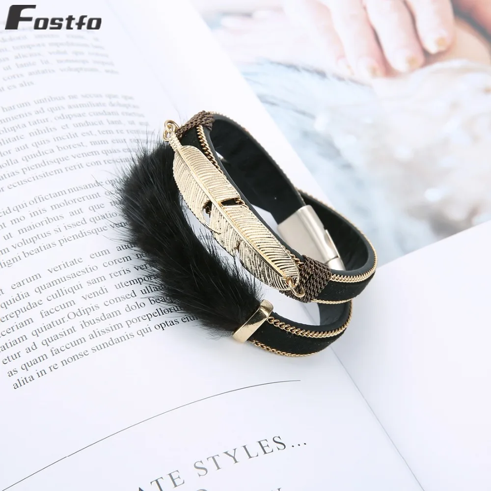 Fostfo 39cm Metal Feather Leather Lady Bracelets Magnetic Buckle Bracelet for Women Bangles Fashion Jewelry | Украшения и