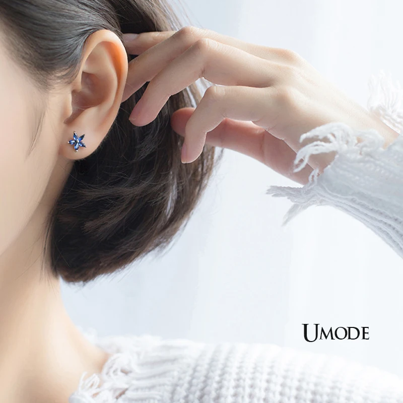 UMODE, новинка, 925 пробы, серебряные серьги для женщин, Голубой квадрат, цветок, серьги-гвоздики, фианит, кристалл, ювелирное изделие, подарок ULE0572