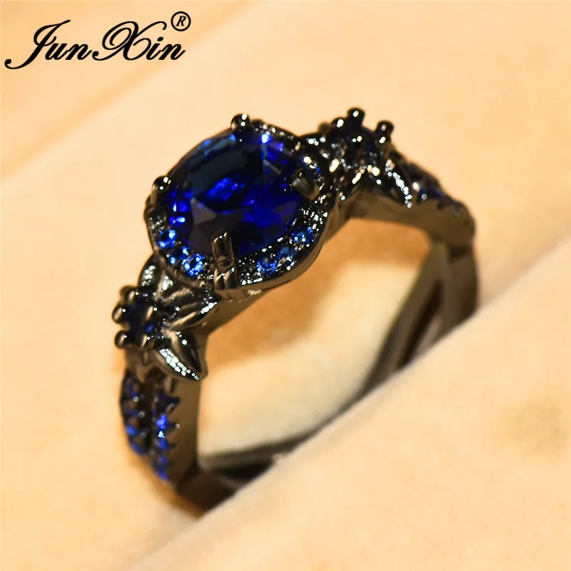 Blue Ring JUNXIN женские кольца в стиле бохо с цветочной звездой для женщин, Черное золото, королевский синий, красный, розовый, фиолетовый циркон, камень, обручальное кольцо, ювелирное изделие - Цвет основного камня: Blue Ring