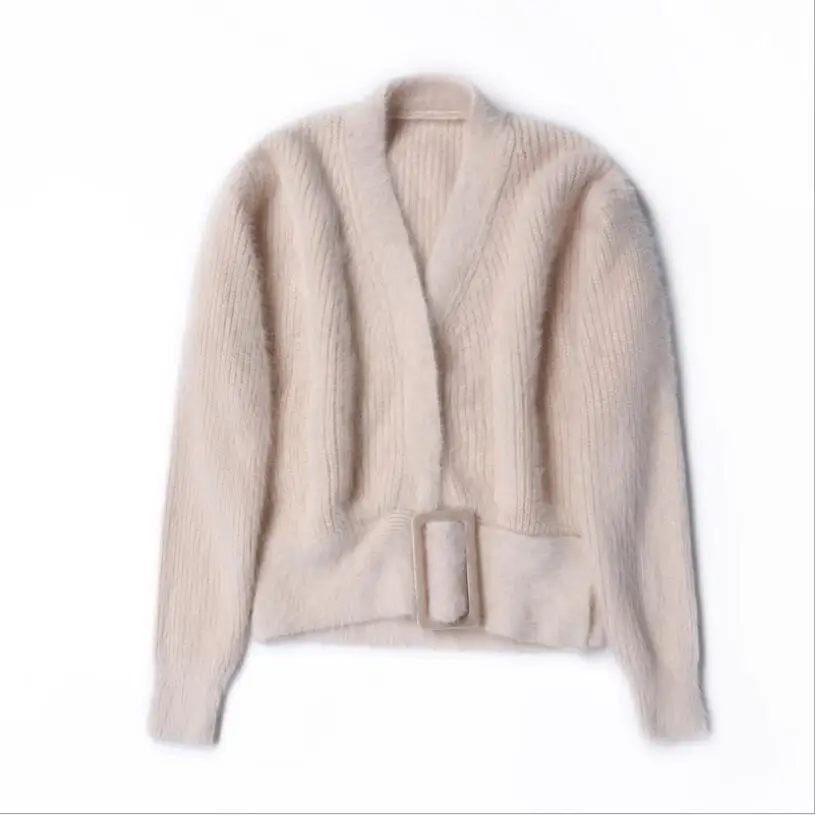 2018 winter women's angora rabbit cardigans sweater apricot loose casual belted v-neck keep warm |