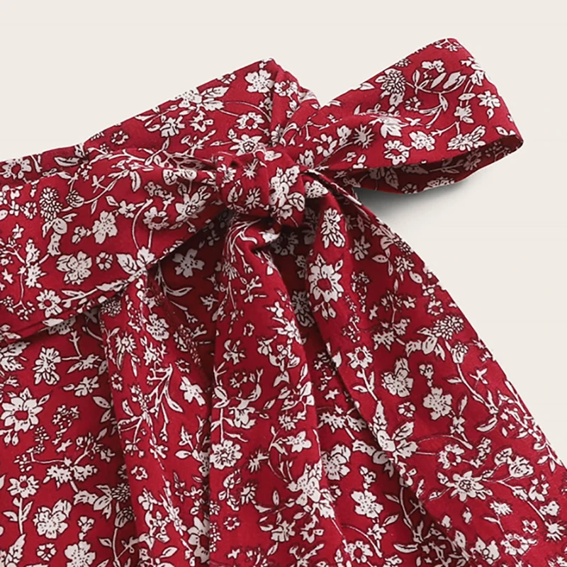 Dotfashion Женская облегающая юбка с цветочным принтом и рюшами на подоле, с бантом,, Boho, летние повседневные женские юные модные асимметричные юбки