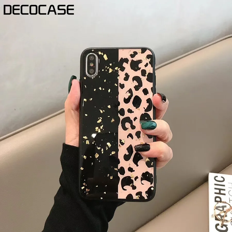 DECOCASE Fashion Leopard Printing Luxury Gold Foil Drop Glue Women Girls Phone Cases for iPhone 6 6s 7 8 Plus X XR XS Max Covers |