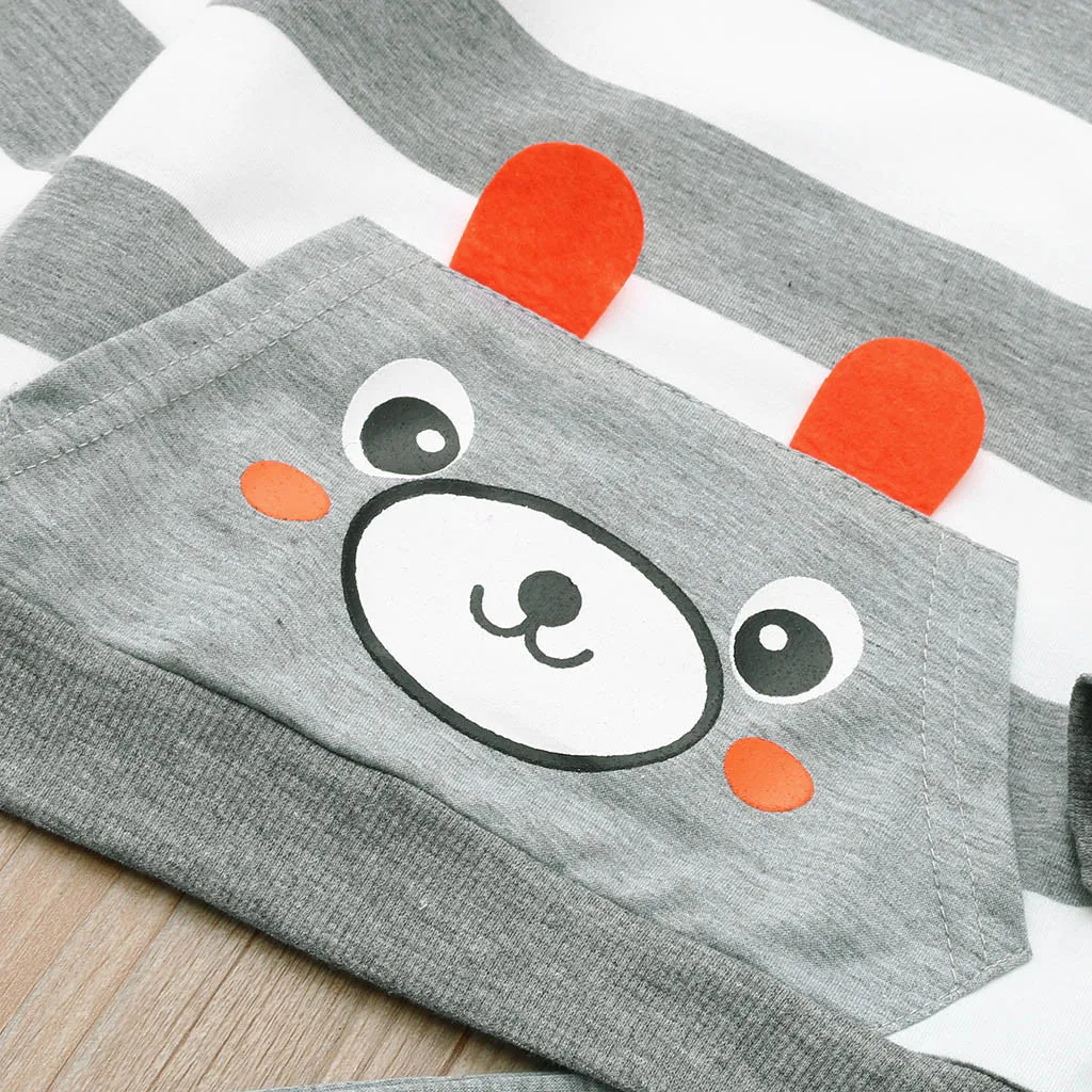 Toddler Kids Baby Boy Cartoon Striped Bear Printed Tops Pants Outfits Set | Детская одежда и обувь