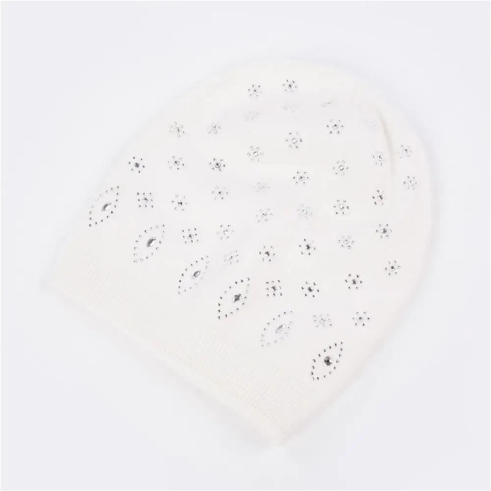 White COKK шерстяные зимние шапки бини для женщин Skullies Beanies Hat для женщин Стразы цветок вязаная шапка для девочек чулок шапка женский чепчик - Цвет: White