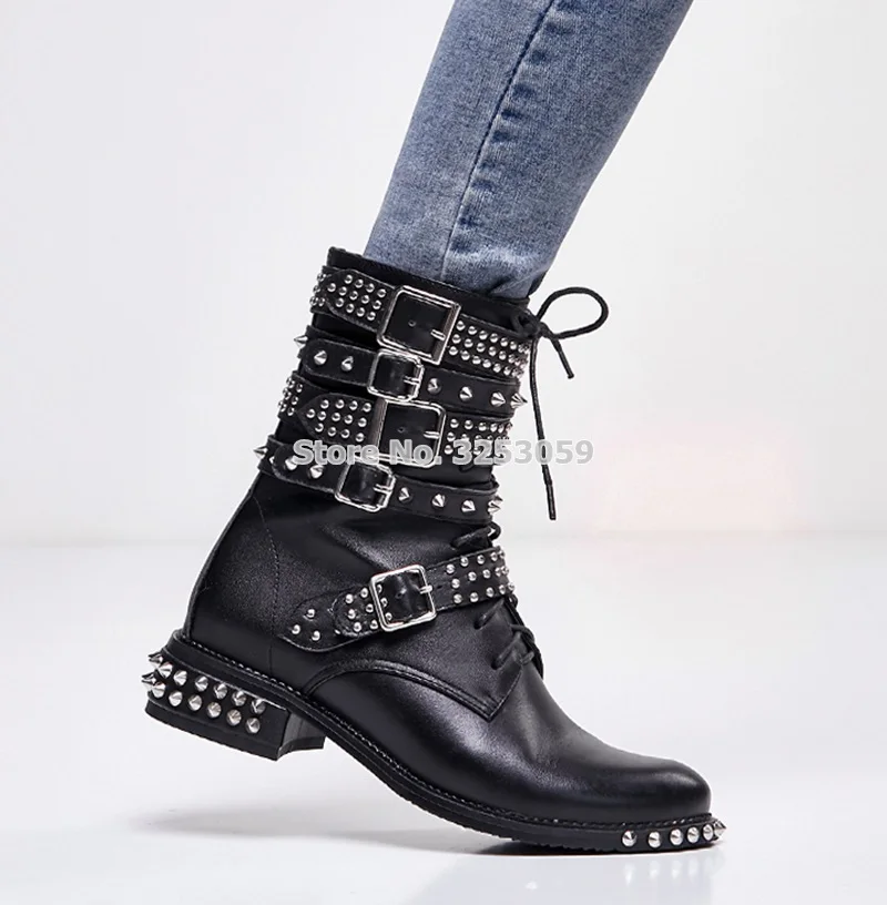 

Wowmen Sexy Rivets Knight Boots Low Heel Buckle Strap Ankle Boots Punk Style Studded Riding Boots Motorcycle Spike Ankle Boots