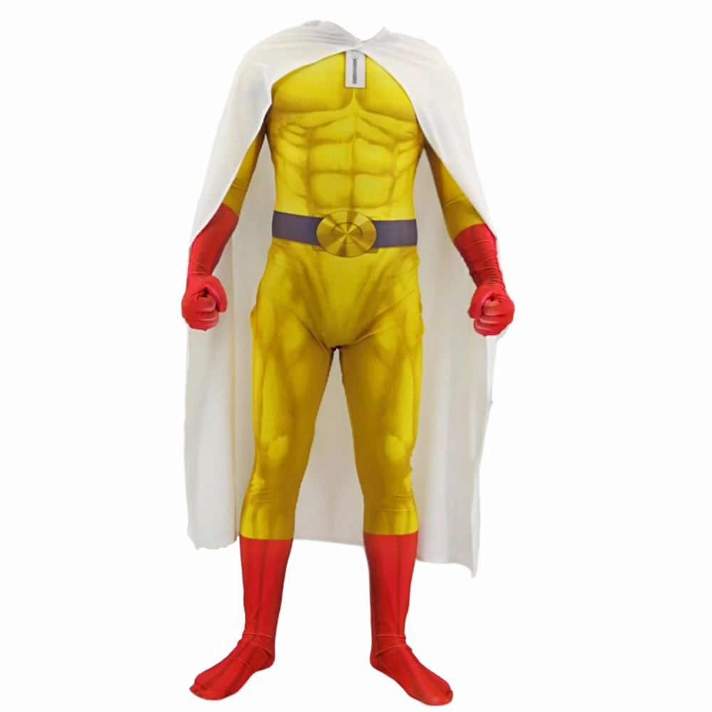 Anime ONE PUNCH MAN Costume Saitama Cosplay Male Men Boys Halloween Jumpsuit Outfits with Cloak Cape Full Set Kids Adult