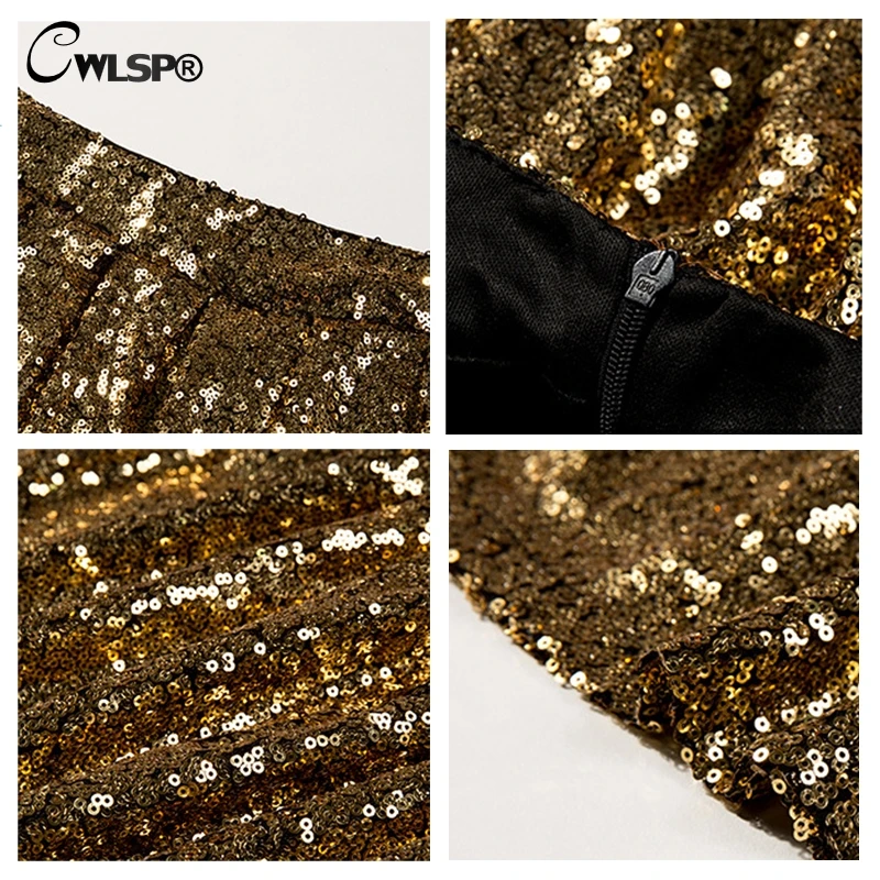 

CWLSP Sequined Gold Women's Mini Pleated Skirt Bling Loose Skirts Sexy Club Short Female saias 2018 femininas skirts QZ2547