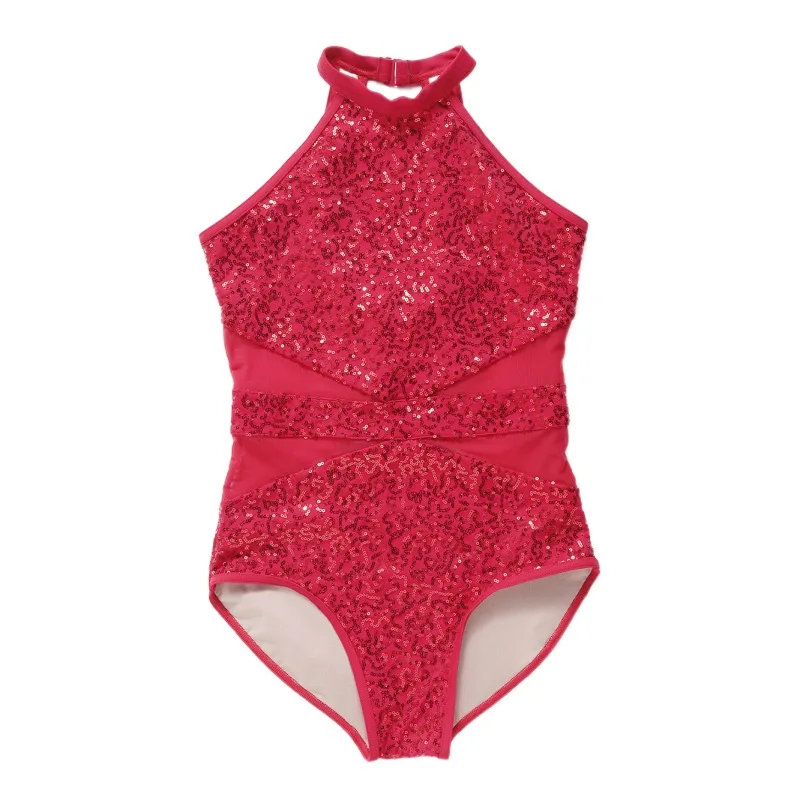 Sequins Mesh Splice Body Suit For Dance Ballet Gymnastics Girls Dancing Clothes Practice Dance Clothes Red Sliver Black