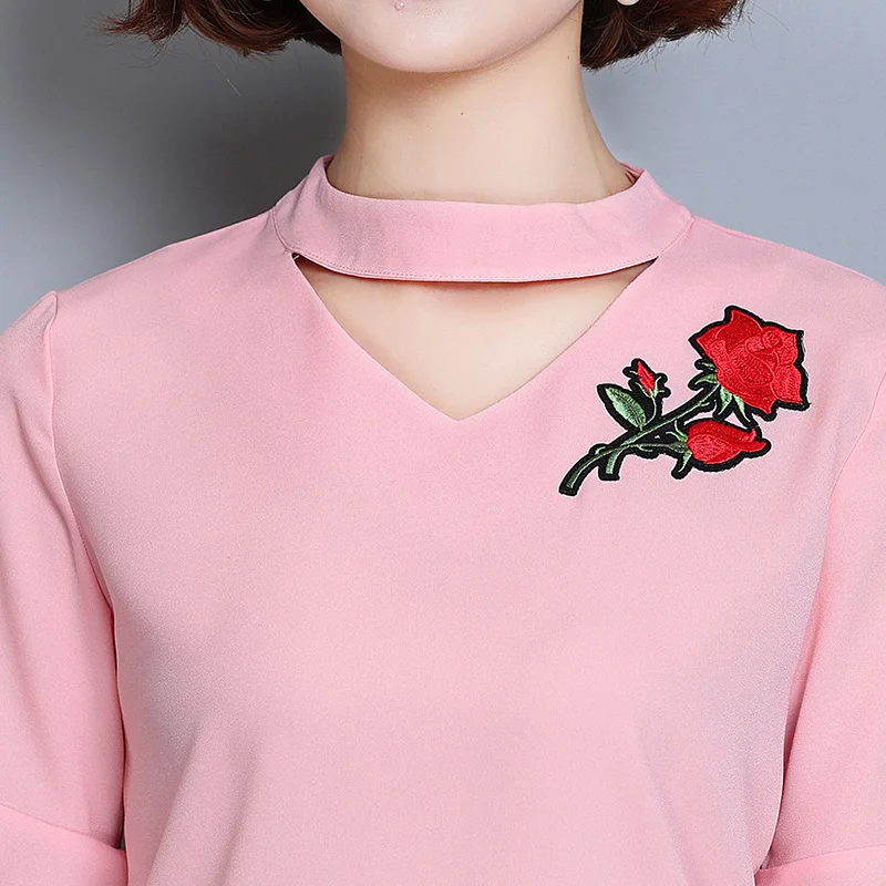 New 2017 Fashion Halter V Neck Blouses For Women Elegant Flare Sleeve Flower Embroidery Chiffon Blouse Blusas Summer Shirts Tops |