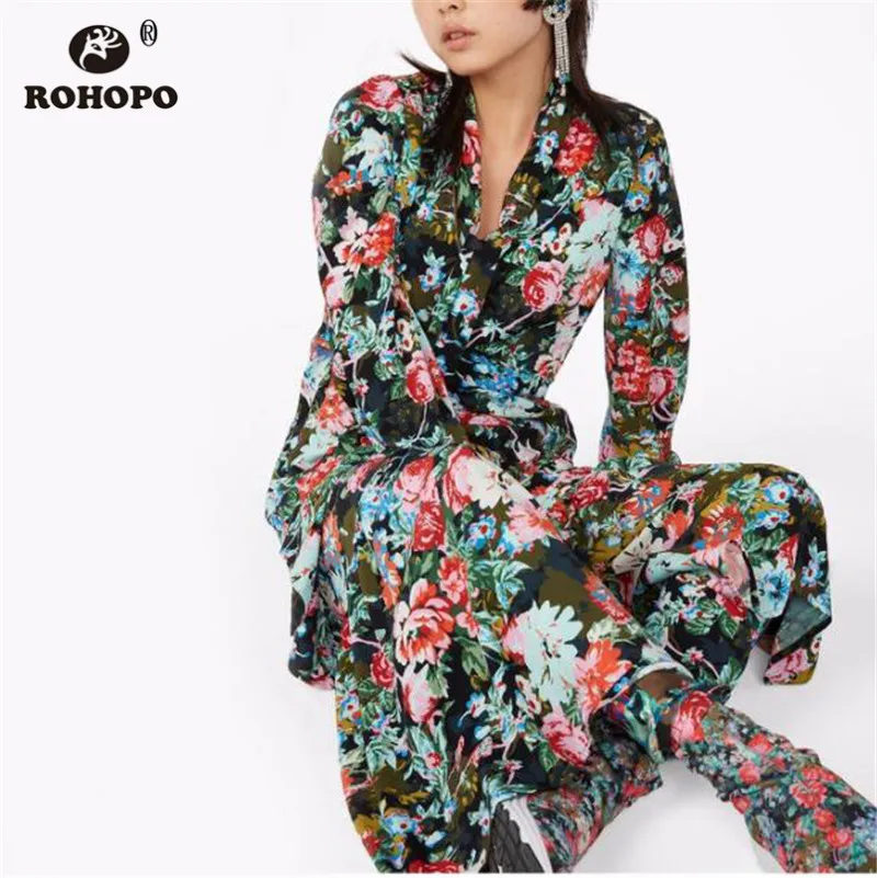 ROHOPO/осеннее платье с цветочным принтом и длинными рукавами Платье макси