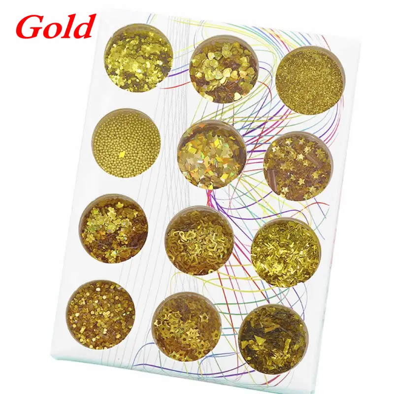 Gold 12 коробок/Набор Блестящий лазер смешанные красочные оболочки сломанные части УФ смола эпоксидная смола, форма для изготовления ювелирных изделий - Цвет: Gold