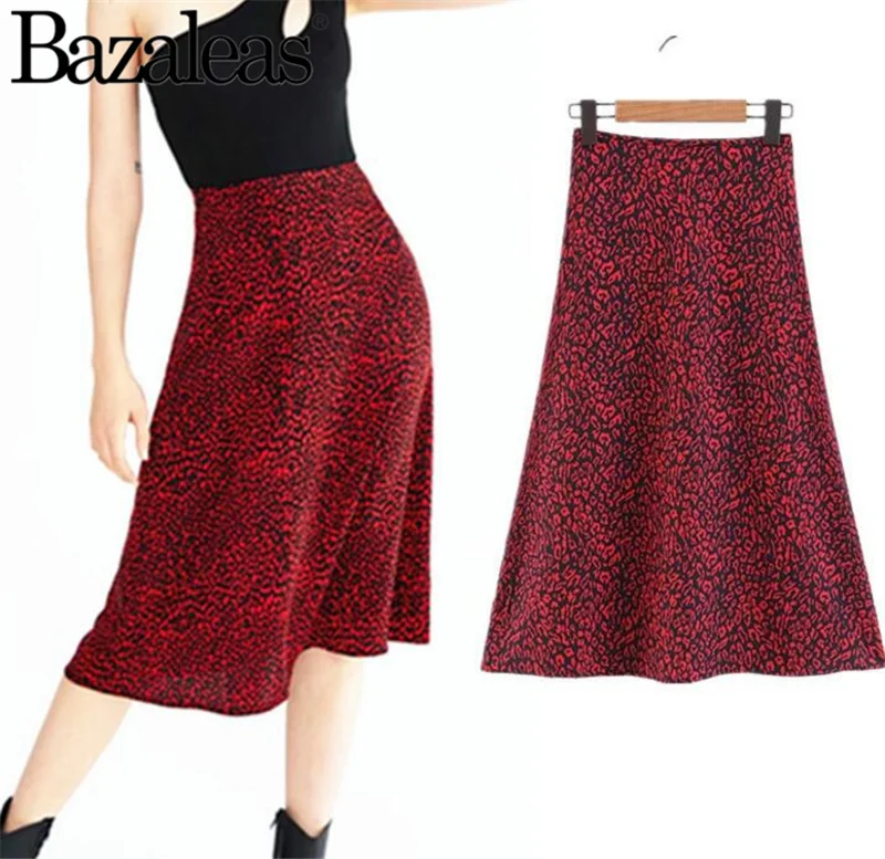 2019 spring red leopard Women mid calf Skirts size zipper open flare Aline Skirt | Женская одежда