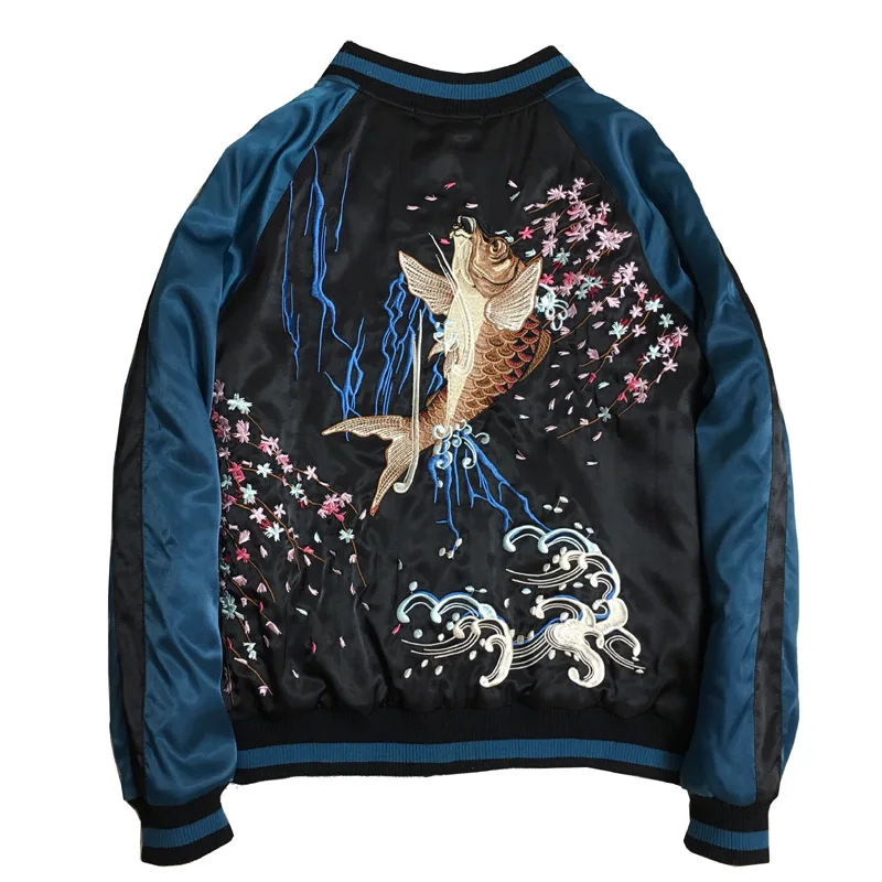 Роскошная мужская куртка с вышивкой на карпа одежда гладкая атласная сувенирная