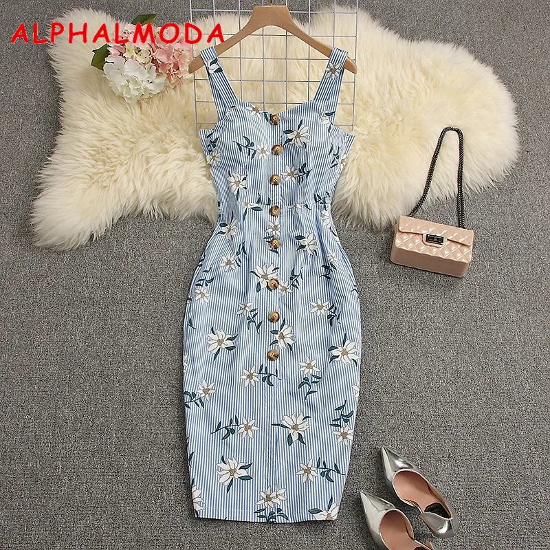 ALPHALMODA 2019 Лето Женское мягкое платье на бретелях однобортное среднее щелевое