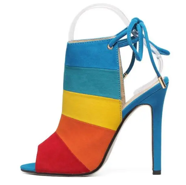 

Carpaton High Heel Mixed Colors Woman Sandals Summer Open Toe Lace-up Thin Heels Shoes Slingback Gladiator High Heels Sandals