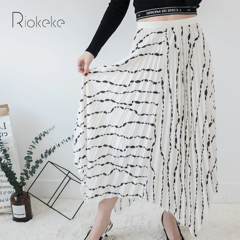 Riokeke Новый 3D печати плиссированные длинные Для женщин юбка складчатый