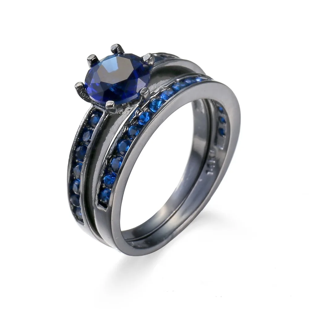 New Women/Men Black gold filled Ring AAA Zircon Cz Blue Birthstone Party Lover Wedding Band Bridal Sets for women | Украшения и