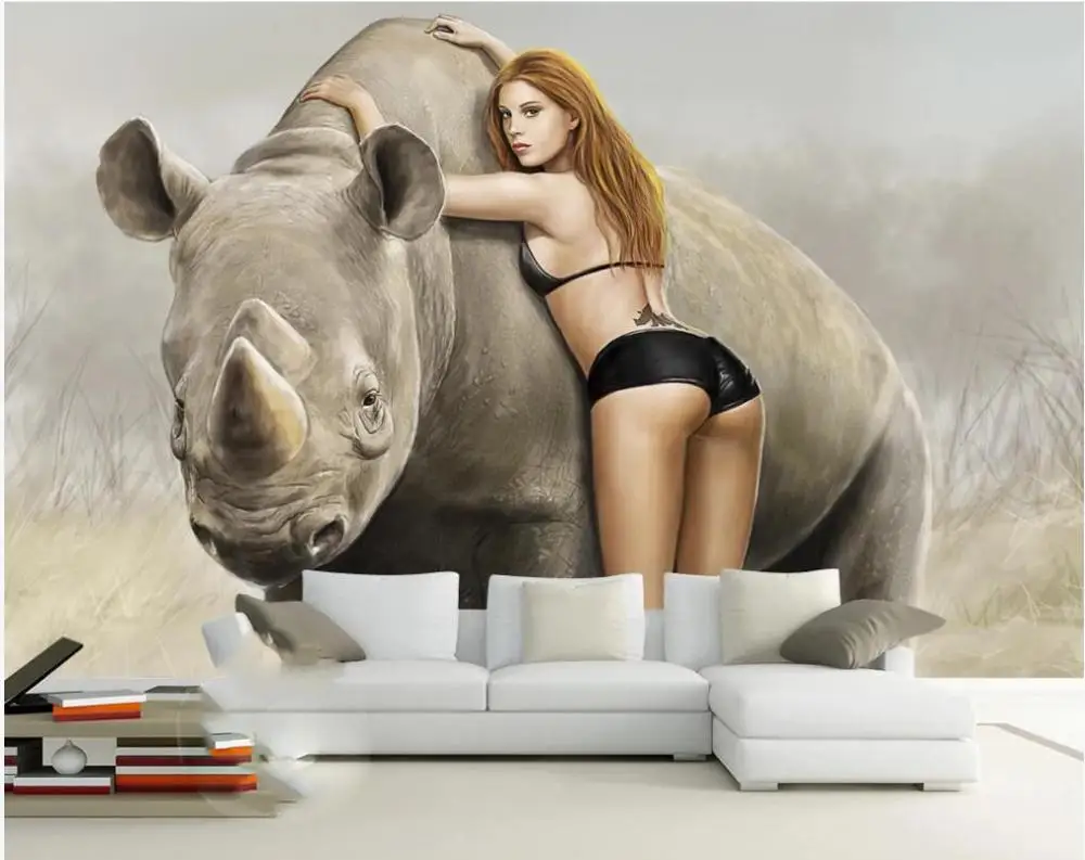 3D фотообои на заказ расписанные вручную рисование носорога сексуальная красота
