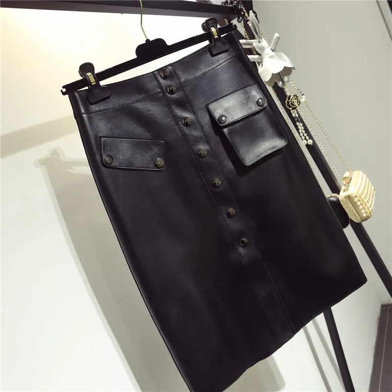 Top Quality Genuine Leather Womens Knee Length Skirts High Waist Single Breasted Pockets Office Ladies Sheepskin A-Line Skirts
