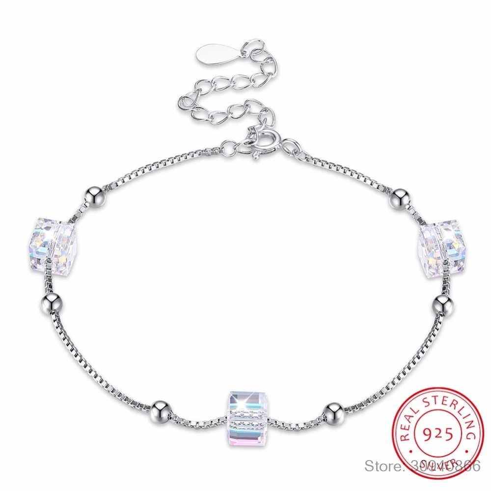 LEKANI кристаллы от SWAROVSKI куб бусины браслет из нескольких нитей для женщин аксессуары 925 серебряные ювелирные изделия