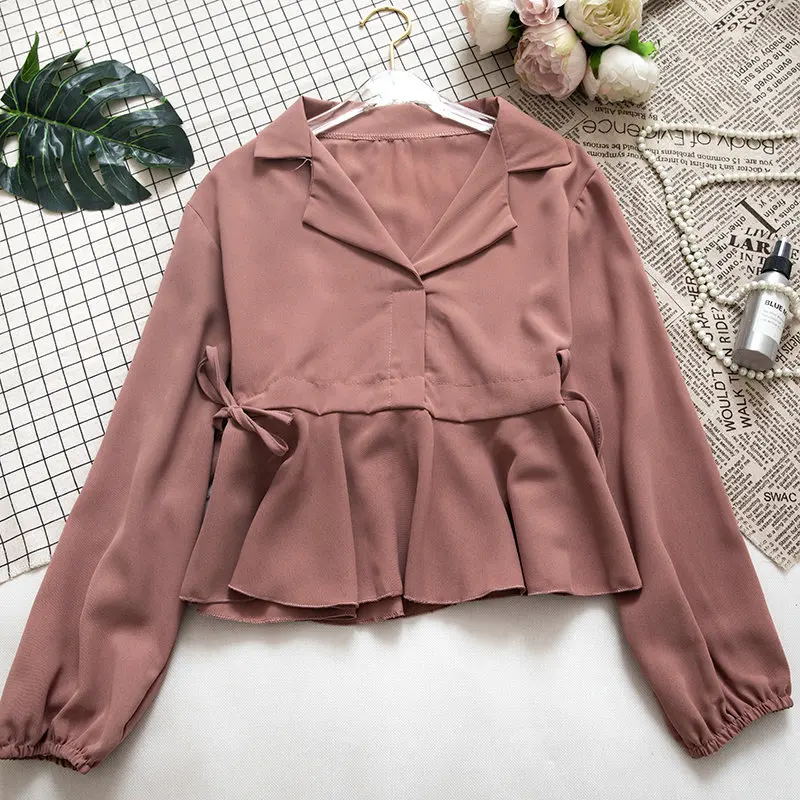 Women Shirts Женская весенне-осенняя Базовая плиссированная рубашка со стоячим рукавом и бантом, элегантная Кружевная повязка с оборками, пуловер, шифоновая блузка, топы - Цвет: Women Shirts