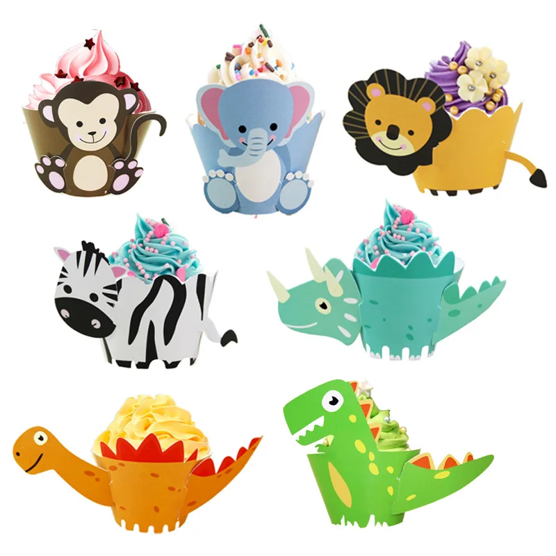 

12pcs Cartoon Dinosaur Party Cupcake Cake Wrappers Jungle Animal Party For Baby Shower Party Decoration