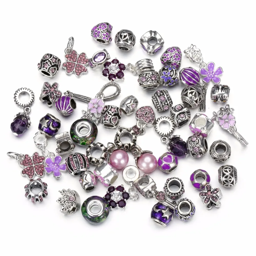 8 Colors Assorted Silver Tone Charms Rhinestones Bead Murano Glass Beads and Spacers Pack of 50 | Украшения и аксессуары