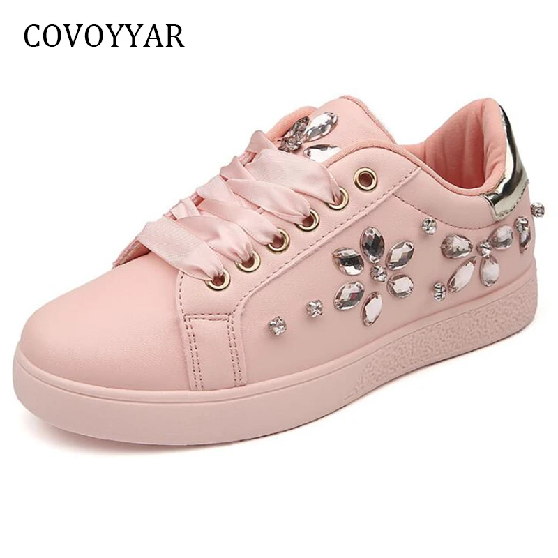 

COVOYYAR 2022 Rhinestone Flowers Women Sneakers Comfort Lace Up Casual Shoes Spring Autumn Flat White Shoes Trainers WSN608