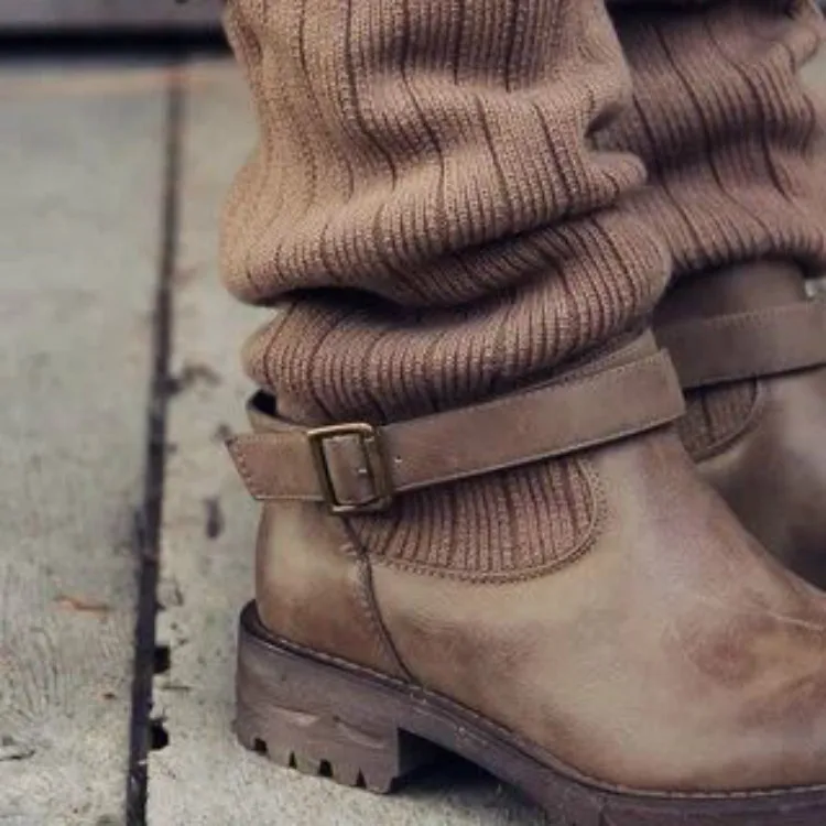 Fujin Europe United States Large Size Boots Dropshipping British Retro Motorcycle Boots Female Belt Buckle Trend Women Boots