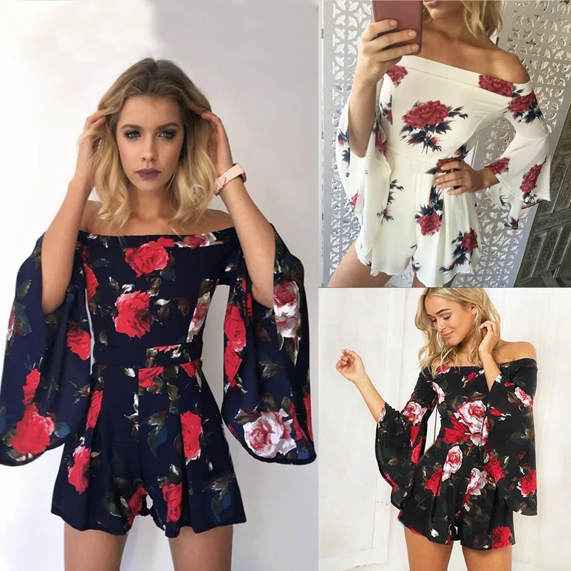 TEMOFON сексуальная печати комбинезон с вырезом лодочкой Для женщин Playsuit Flare рукавом