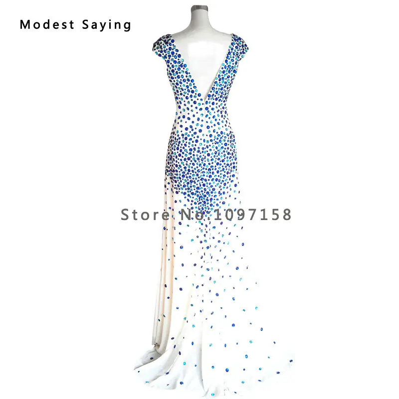 Женское вечернее платье-русалка синее и Шампанское платье с бусинами разрезом