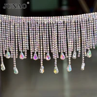 junao 45cmlot crystal ab glass rhinestone chain fringe tassels sewing metal trim crystal applique strass banding clothes crafts
