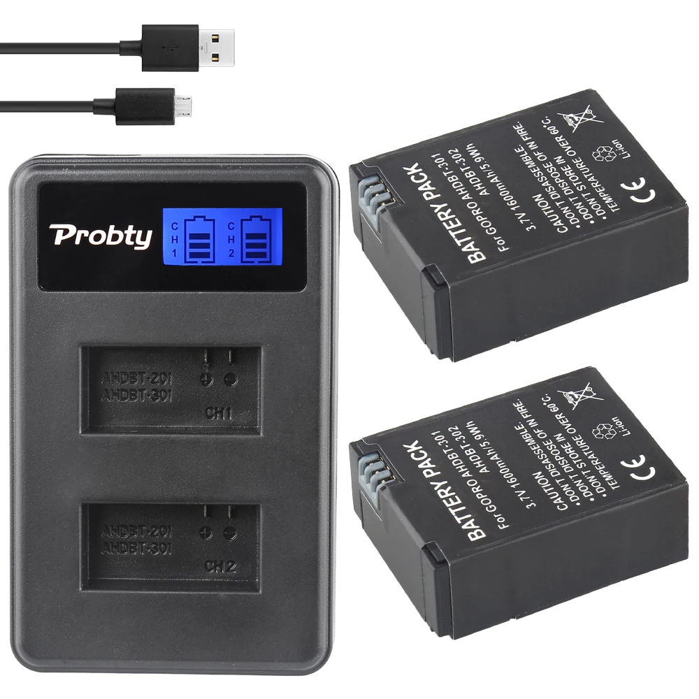 Для GoPro аксессуары 2x3 7 V 1600 мА/ч литий ионный аккумулятор AHDBT 301 201 Перезаряжаемые