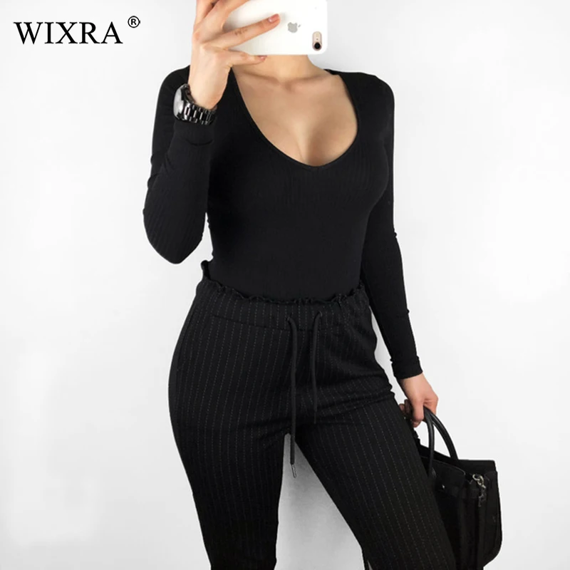 Wixra, новинка, женская одежда, длинный рукав, v-образный вырез, боди, базовые, одноцветные, комбинезоны, зима, весна, для женщин