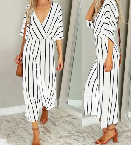 OL Ladies Half Sleeve Striped Loose Baggy Trousers Jumpsuit Overalls Wide Leg Romper | Женская одежда